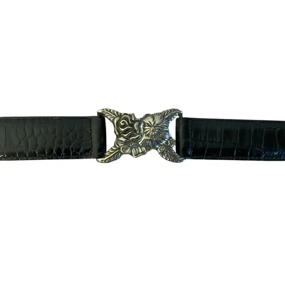 Brighton Black Croc-Embossed Leather Belt Silver Floral  display picture 1